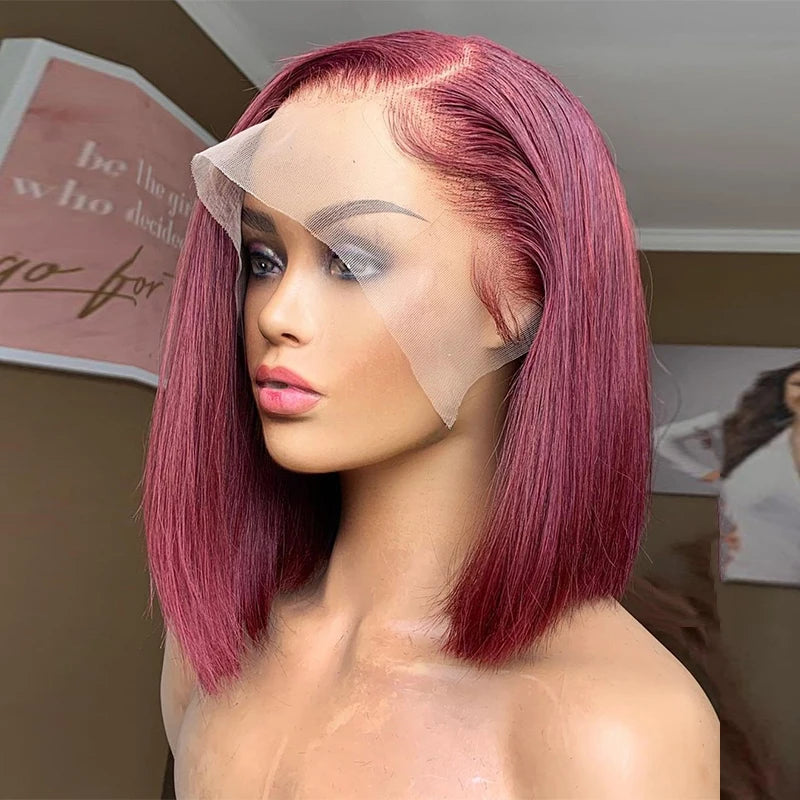 Ishine 99J Burgundy Short Bob Wig 13X4 Lace Frontal Wig For Black Women 100% Human Wig 180Density Transparent Lace 8-16inch