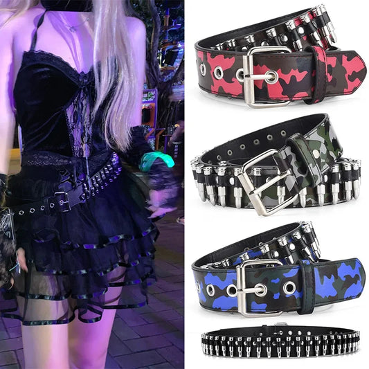 Cropped Studded Men's Belt Punk Rock Style Camouflage Fashionable Leather Belt For Men Women Cross-border Bestseller