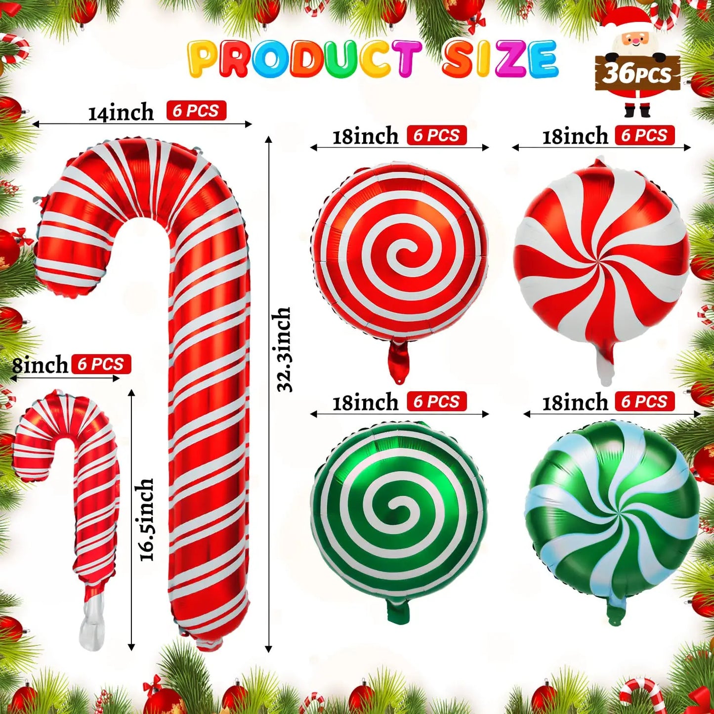 36Pcs Christmas Candy Balloons Kit Large Cane Swirl Candy Foil Balloons Red Green Foil Sweet Candies Theme Balloons