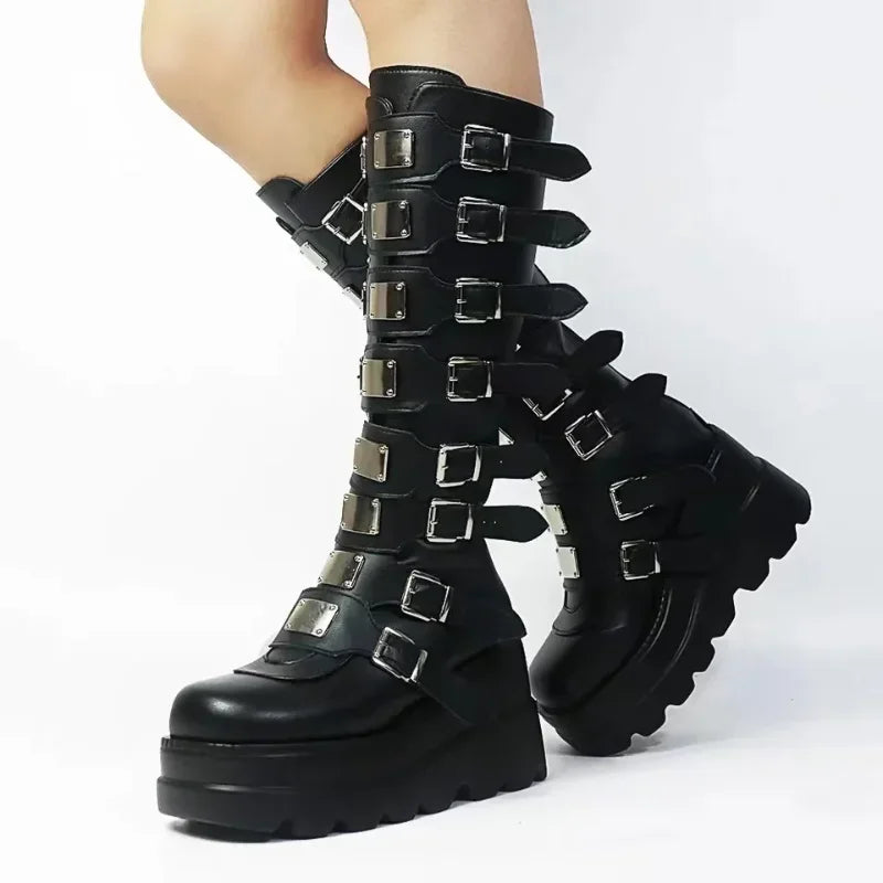 Boots Flat Platform Zipper Women's Rubber Shoes Rain Winter Footwear Boots-Women RPound Toe Clogs Lolita Autumn Elegant Mid Calf