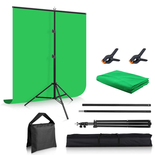 Green Screen Backdrop With 5x6.5ft Stand, Photography Support Stand System Kit With Chromakey Muslin Background With 2 Clips