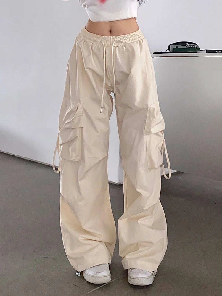 Women's High Waist Cargo Pants with Multiple Pockets Trendy Solid Color Streetwear Y2K Spring Autumn New Loose Wide Leg Trousers