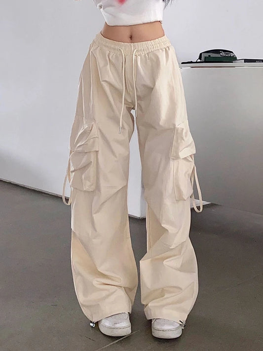 Women's High Waist Cargo Pants with Multiple Pockets Trendy Solid Color Streetwear Y2K Spring Autumn New Loose Wide Leg Trousers