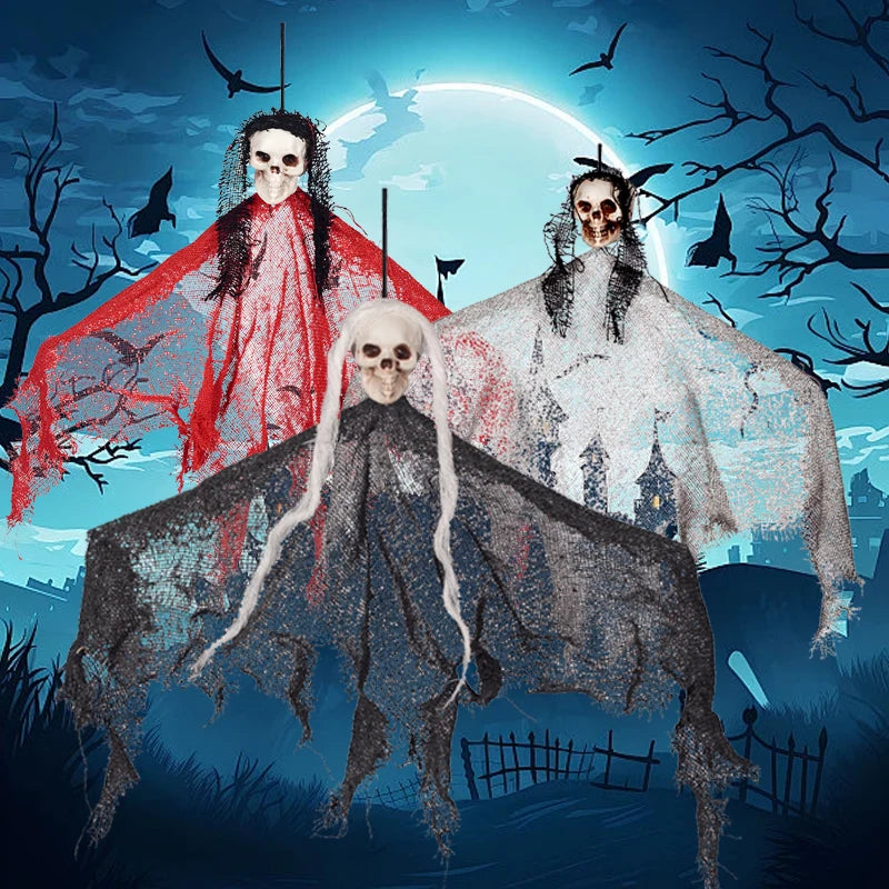 Halloween hanging skeleton ghosts, haunted house props decorating Halloween skeletons flying ghosts, outdoor interior decoration