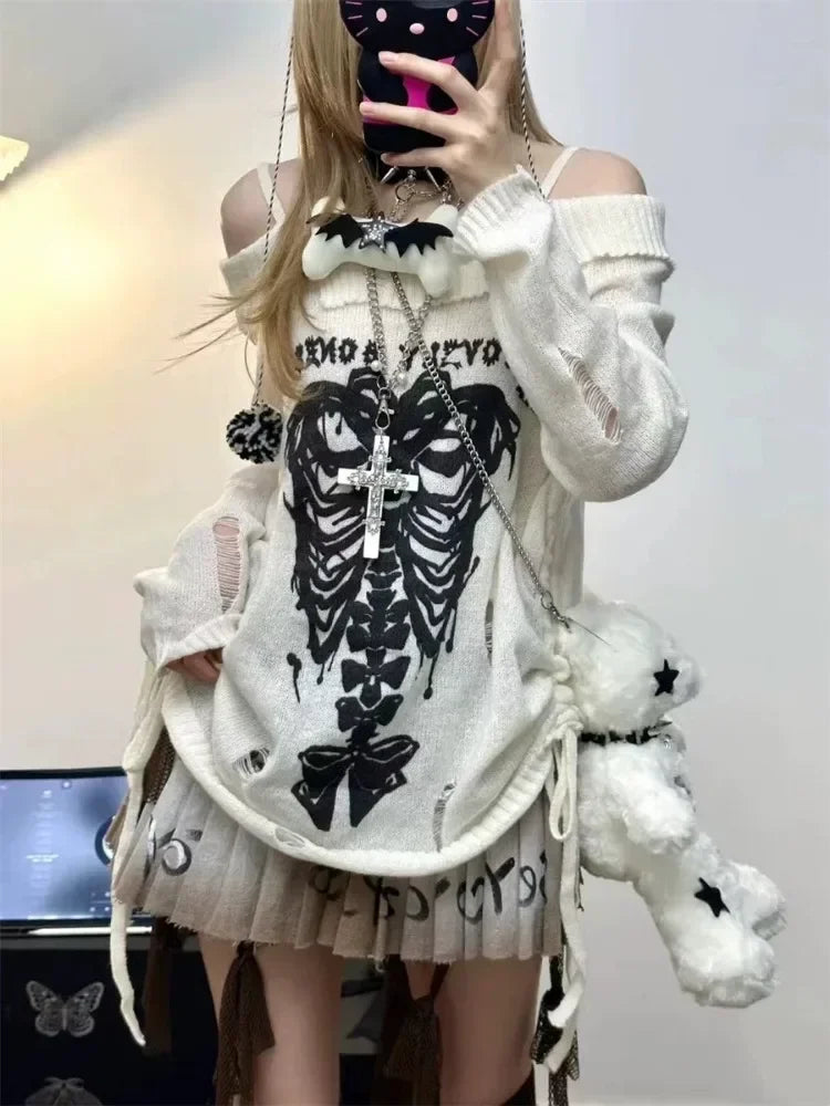 HOUZHOU Y2k Harajuku Gothic Knitted Pullovers Women Japanese Fashion Sexy Skull Off The Shoulder Punk Girls Hole Loose Sweater