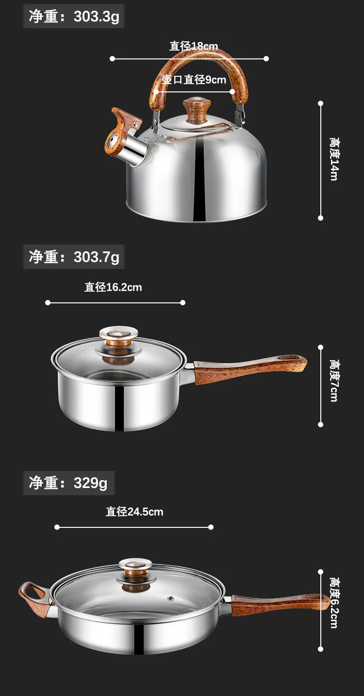 12 Piece Stainless Steel Pot  Wooden Handle With Kettle Korean Style Cooking Pan Kitchen Cookware Non Stick Cooking Pot Set