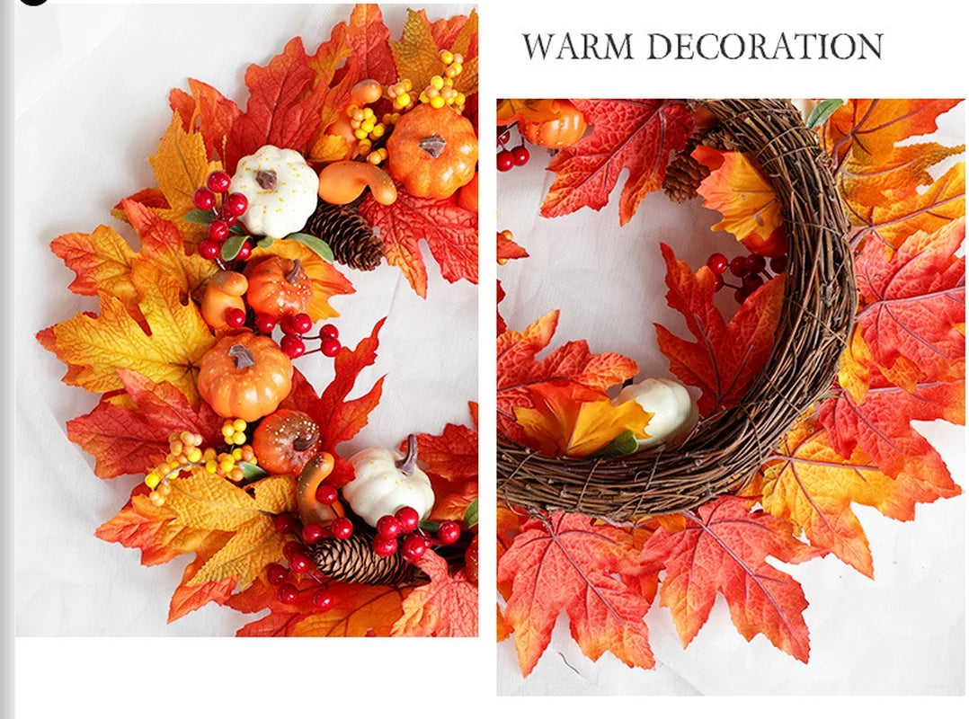 45cm Fall Wreaths Pumpkin Berry Maple Leaf Artificial Wreath Harvest Autumn Front Door Wreath Christmas Halloween Home Decor