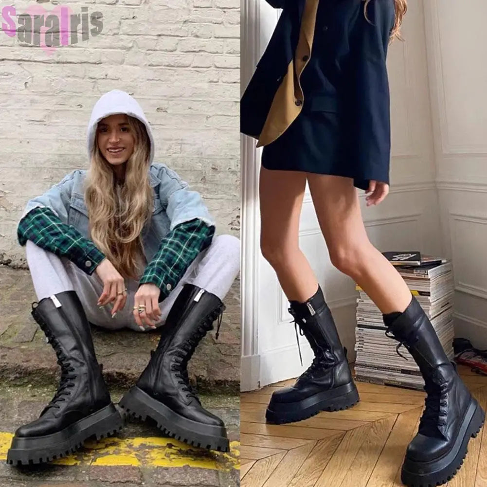 Brand New 2023 Design Women Mid Calf Boots Platform Goth Street Chunky Heeels Punk INS Hot Long Boots Black Trendy Shoes Woman