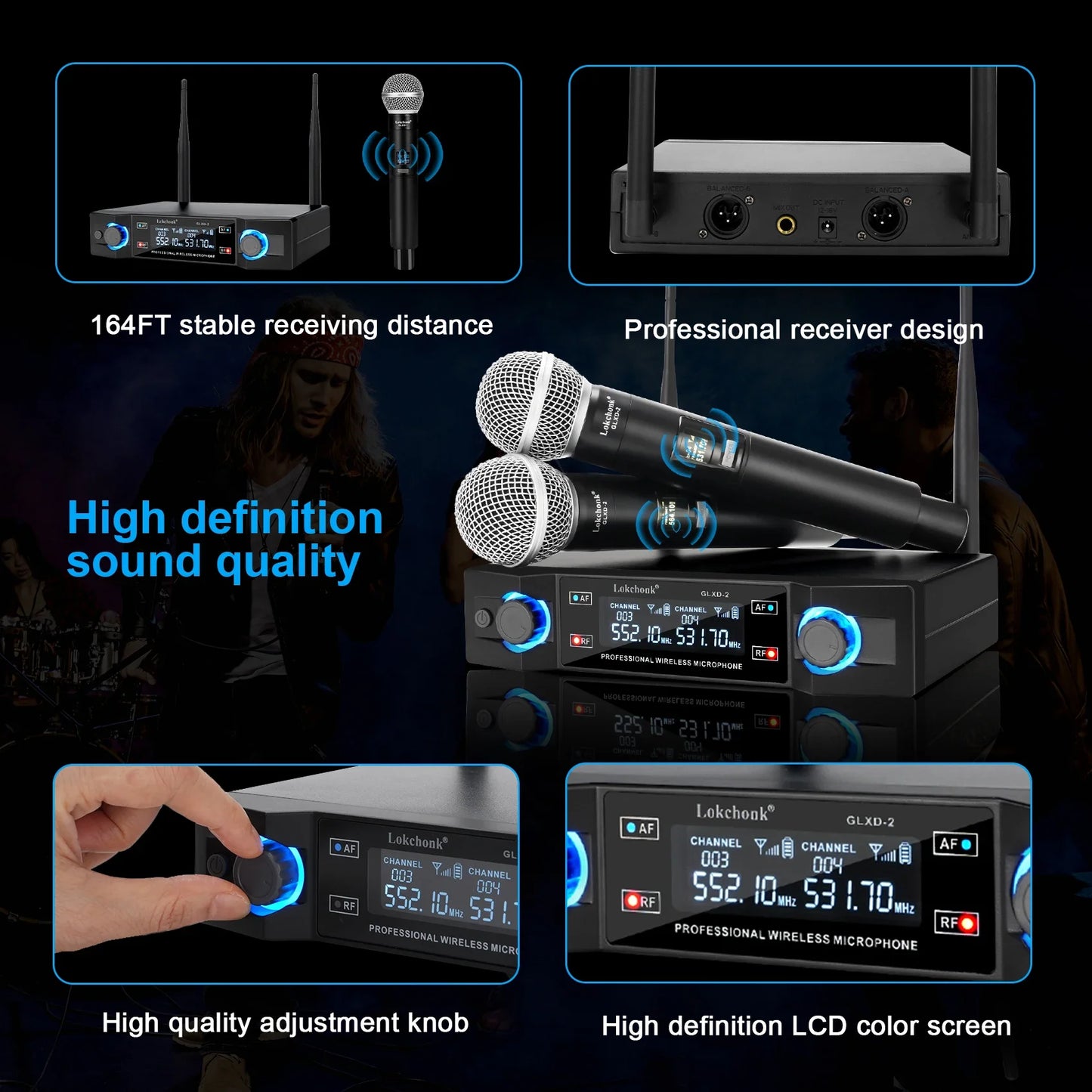 GLXD2 Professional Wireless Microphone system Dual Channel UHF Fixed Frequency Cordless Handheld Dynamic Mic For Karaoke Party