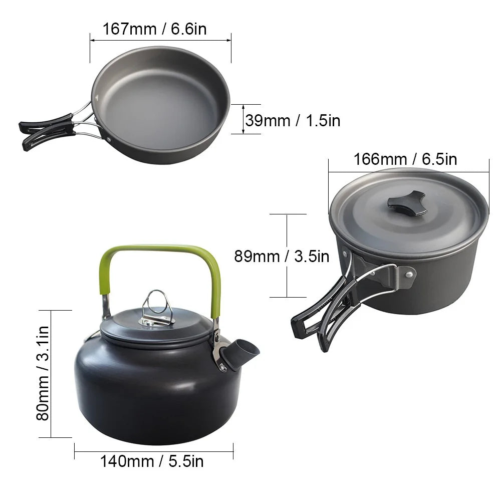 Camping Cookware Set Outdoor Travel Cooking Kit Aluminum Tableware Equipment Pot Kettle Cups Knife And Fork Hiking Picnic BBQ