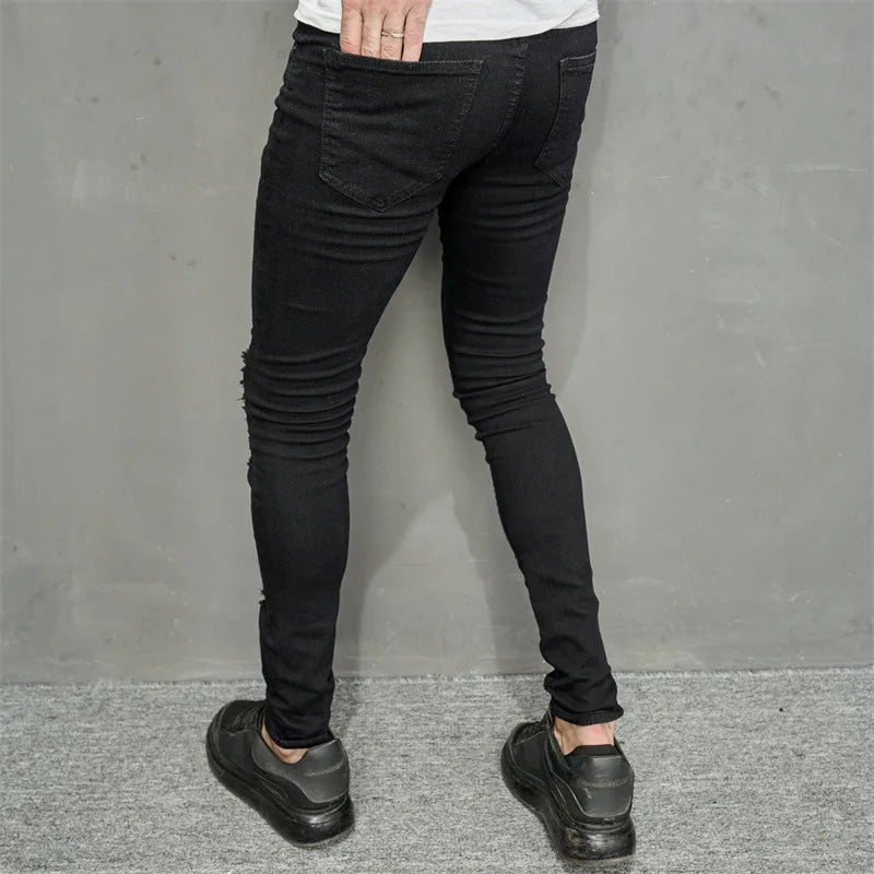 Men Jeans Ankle Length Hole Vintage Ripped Pencil Pants Denim Skinny Pockets Distressed Slim Moto Biker Solid Washed 2024