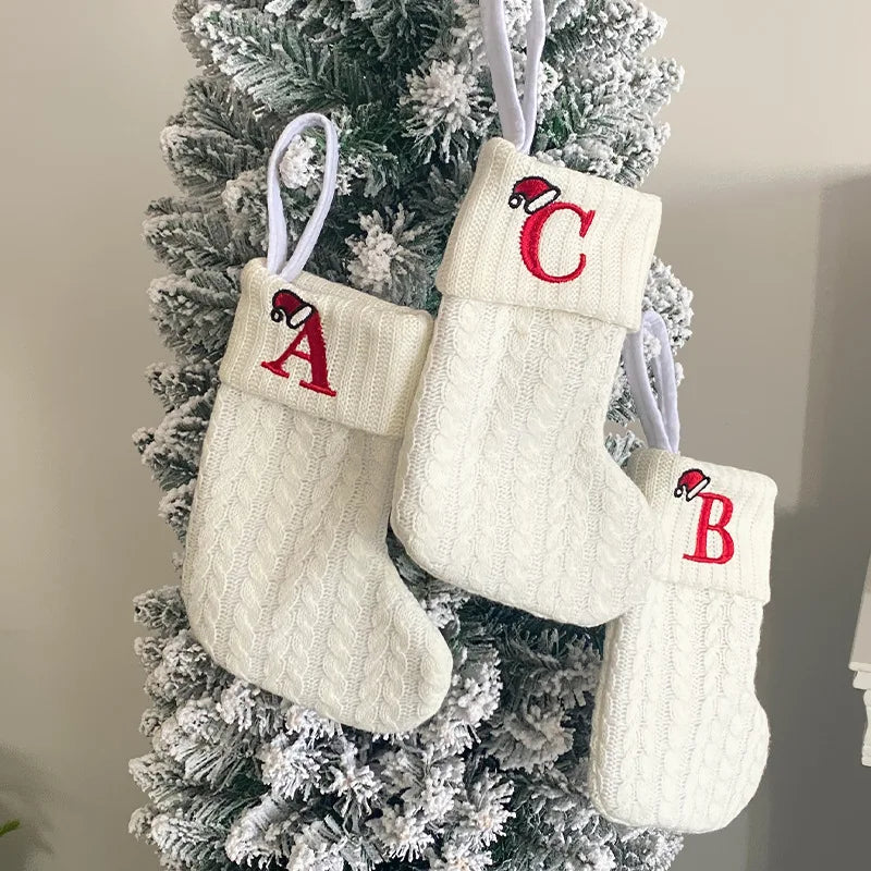 26 Letter Christmas Stocking Embroidered Xmas Socks Snowflake Alphabet Personalized Xmas Tree Ornament Gift Family Holiday Decor