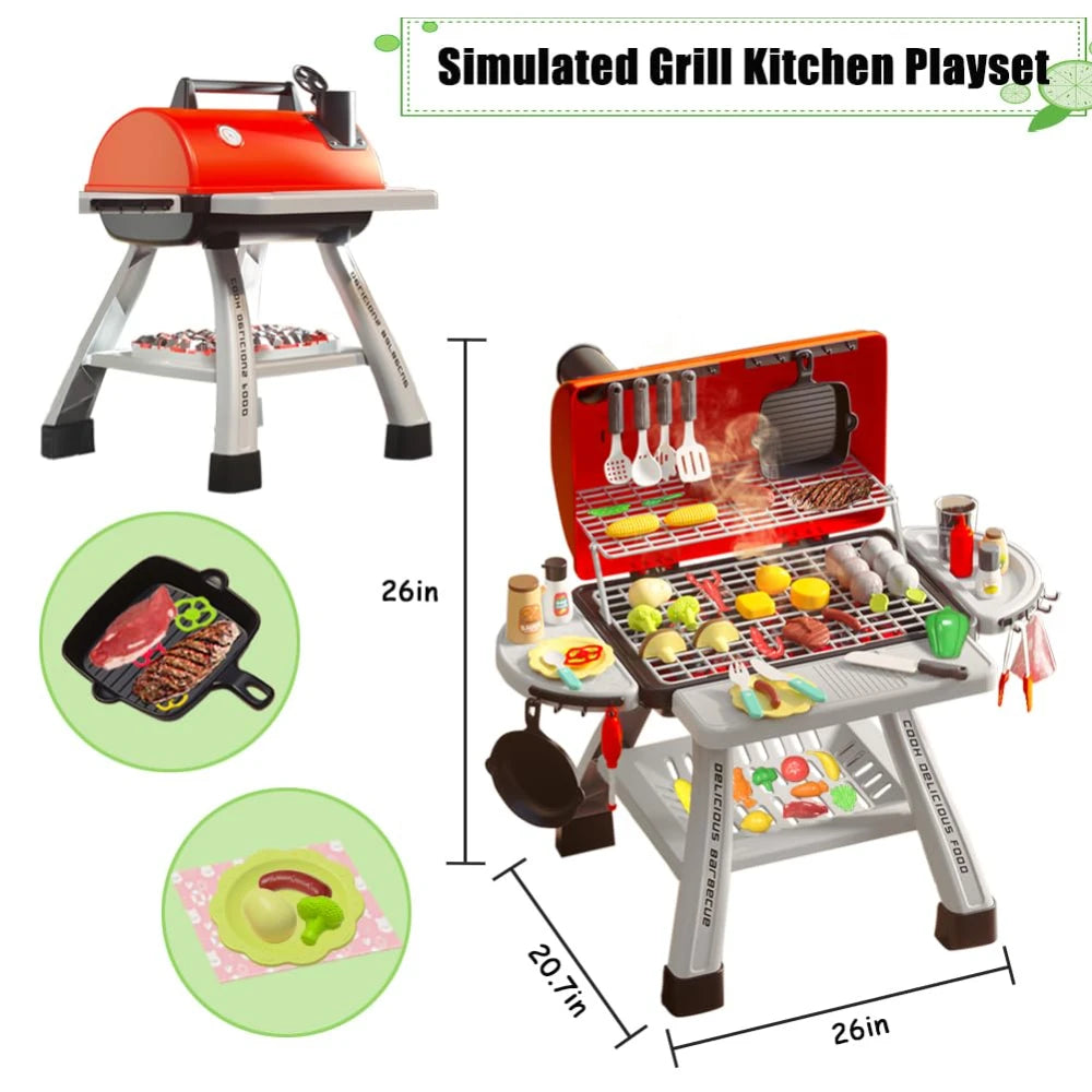 WizKidz Barbecue Grill Toy Set Kids BBQ Kitchen Playset with Smoke Sound Light Simulation Interactive Cooking Toy for Ages 3-12