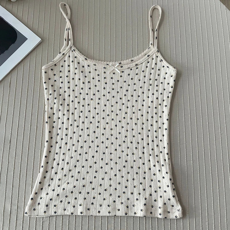 Floral Eyelet Sweet Slim Tank Tops Women Lace Trim Bow Cotton Sleeveless Summer Camisole Female Preppy Style Cute Slim Crop Top