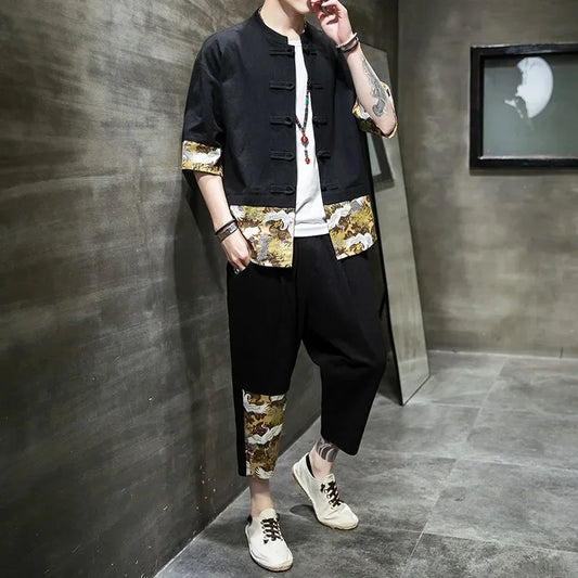 Man Trousers Sets Print Black Shirts Pants Suits for Men Graphic Stylish Original Brands Summer Clothes Casual High Quality Cool