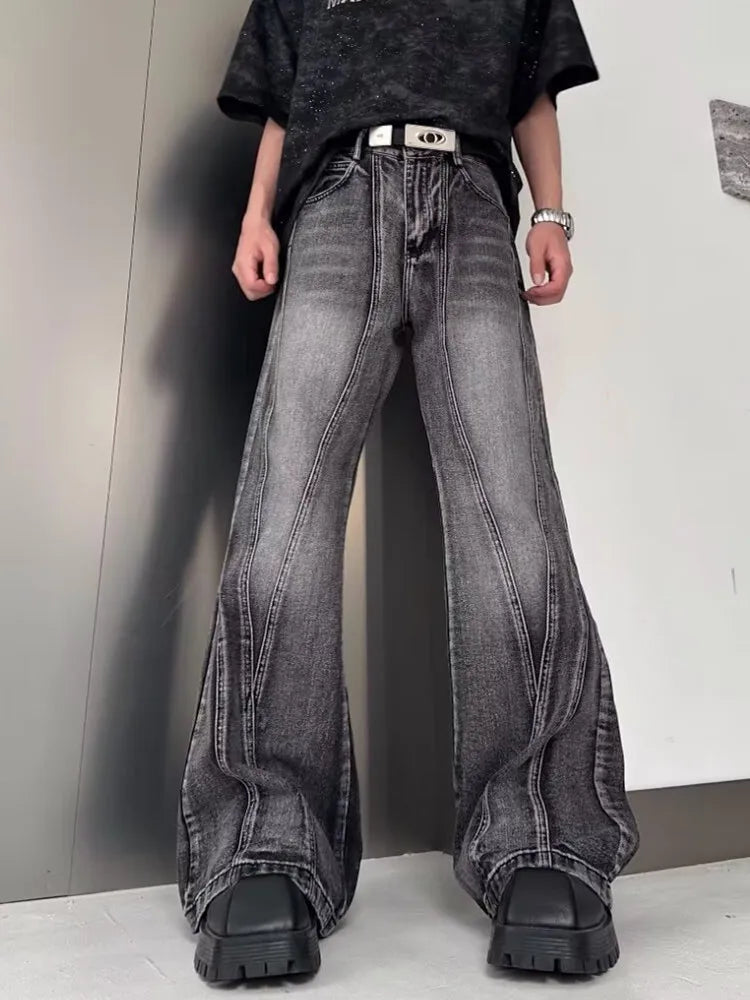 2025 Trashy Y2K Streetwear Washed Grey Baggy Stacked Flare Jeans Pants Men 90S Vintage Clothes Hip Hop Luxury Male Long Trousers