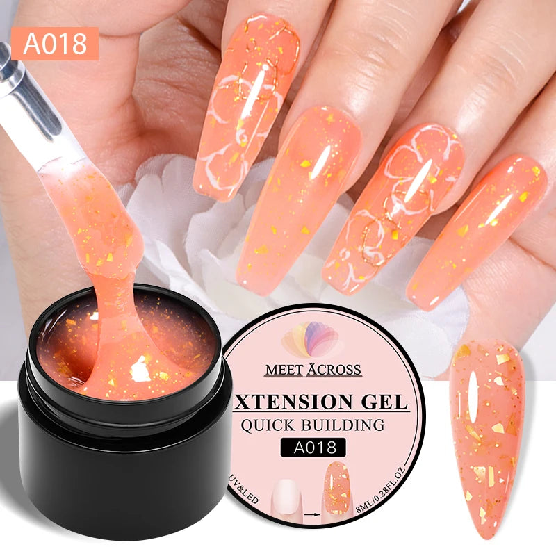 MEET ACROSS 7ML Pink Glitter Quick Extension Gel Nail Polish Gold Foils Effect Vernis Semi Permanent UV Gel Nail Art Hard Gel