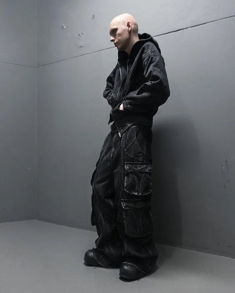 Streetwear New Fashion Old Washing Heavy Industry Big Pocket Black Baggy Jeans Men Y2K Rock Hiphop Dark Casual Wide-leg Trousers