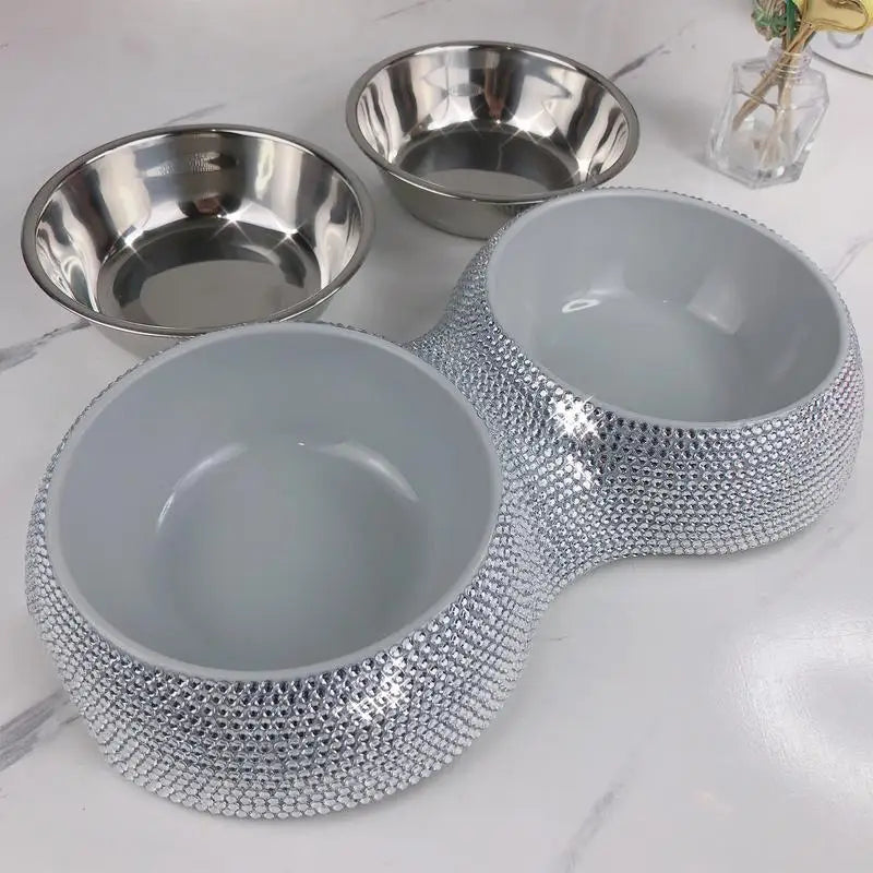 Rhinestone Dog Bowl Pet Supplies Bling Rhinestones Stainless Steel Pet Bowls Double Food Water Feeder For Pets Puppies Cats