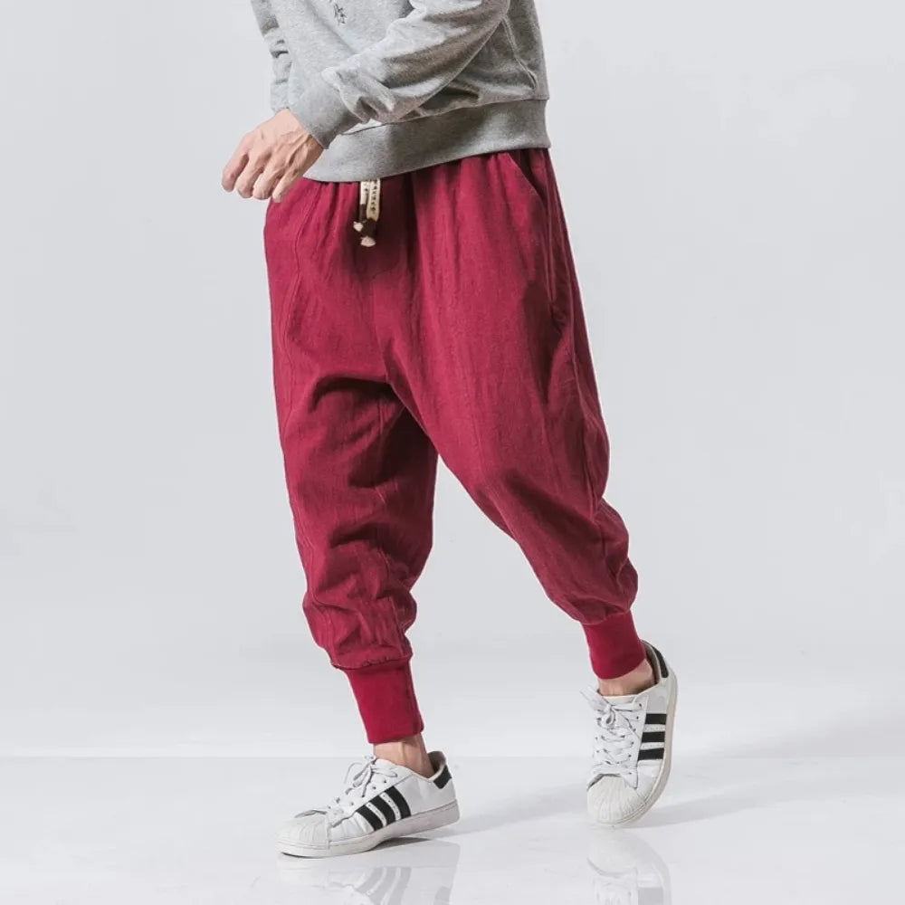 Cotton Linen Harem Pants Men Solid Elastic Waist Streetwear Joggers 2022 New Baggy Drop-crotch Pants Casual Trousers Men