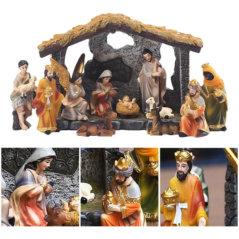 12pcs Set Christmas Manger Nativity Set Real Life Nativity Jesus Manger Christmas Crib Ornament Holy Family Crafts Statue Decor