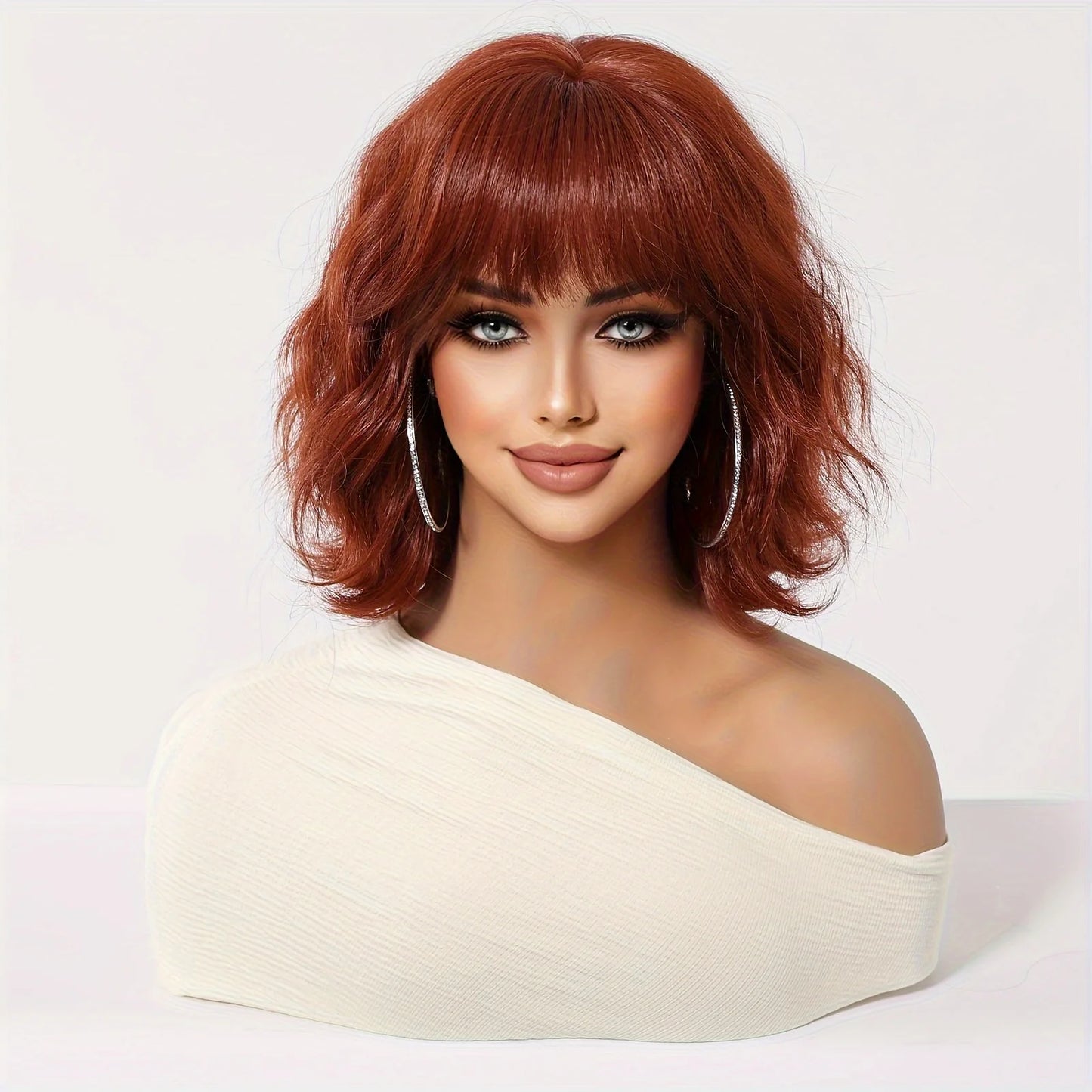 ALAN EATON Auburn Synthetic Wigs with Bangs Short Wavy Wig Red Brown Curly Hair for Party Cosplay Heat Resistant Fiber Wig