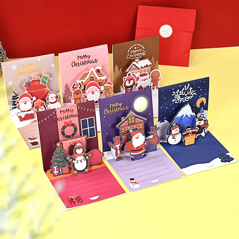 1set Merry Christmas 3D Pop UP Greeting Cards With Envelope Christmas Thank You Invitation Blessing Postcard New Year Xmas Noel