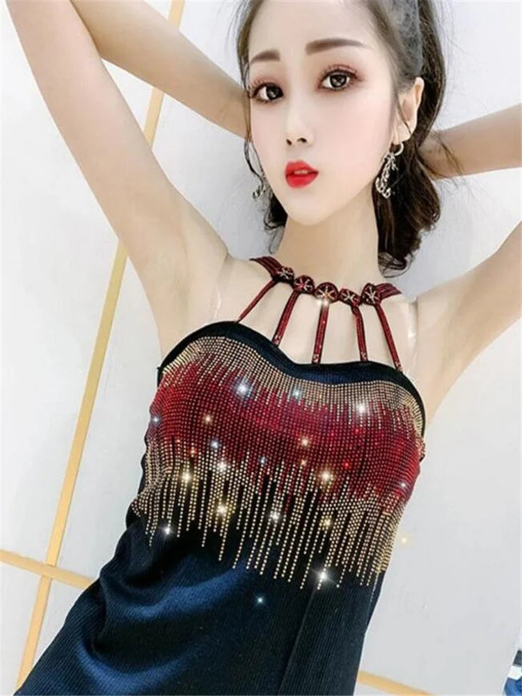 Hot Drilling Camisole Lady Sling Top Sexy Sleeveless Top For Women Sexy Streetwear Thin Diamond Camis Female Student Bottom Top