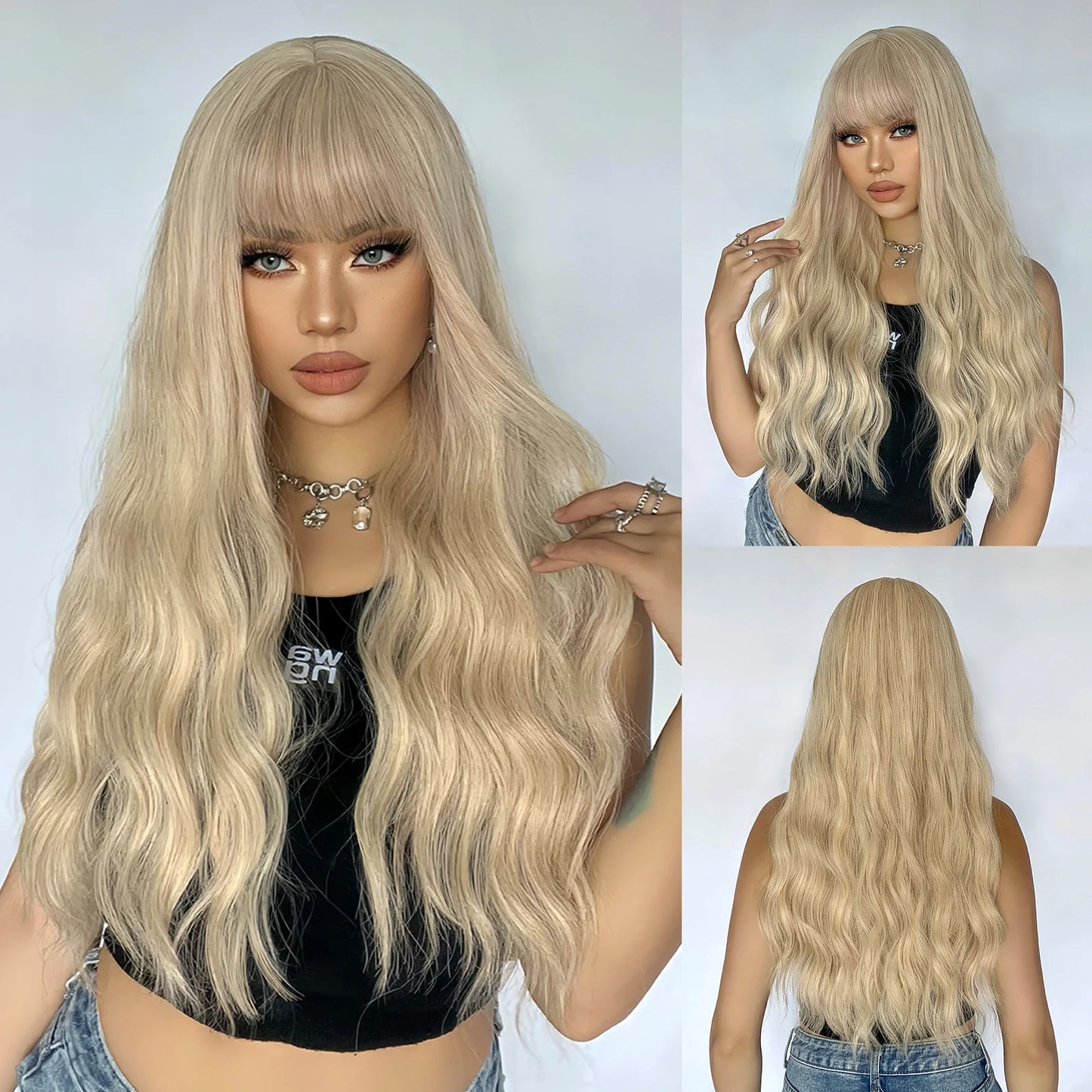 Light Green Long Wavy Synthetic Wigs with Bangs Blackish Green Cosplay Wig for Women Lolita Wig Heat Resistant Natural Hair