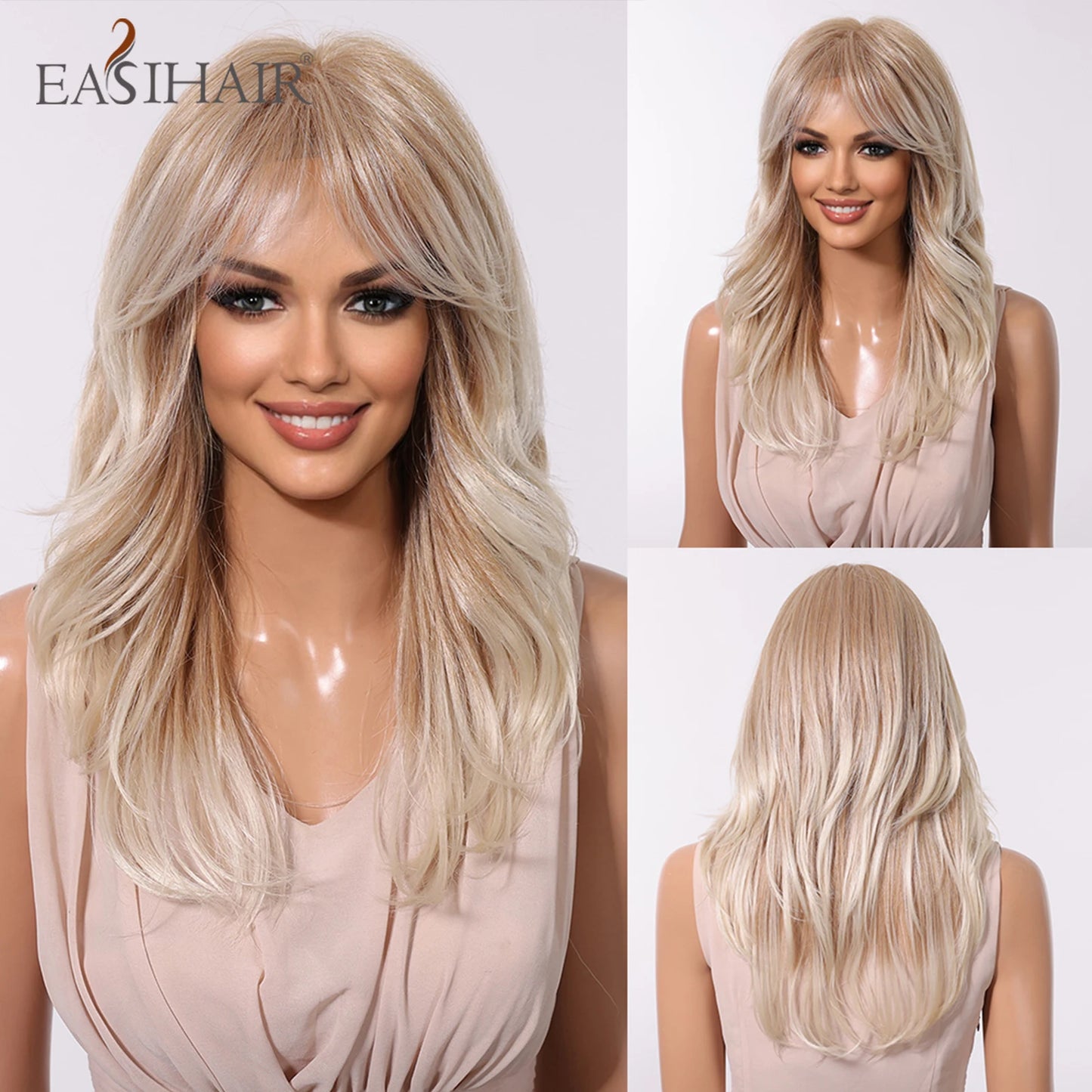 EASIHAIR Long Wavy Brown Synthetic Wigs for Women Dark Brown Wigs With Side Bangs Natural Hair for Daily Use Heat Resistant Wig