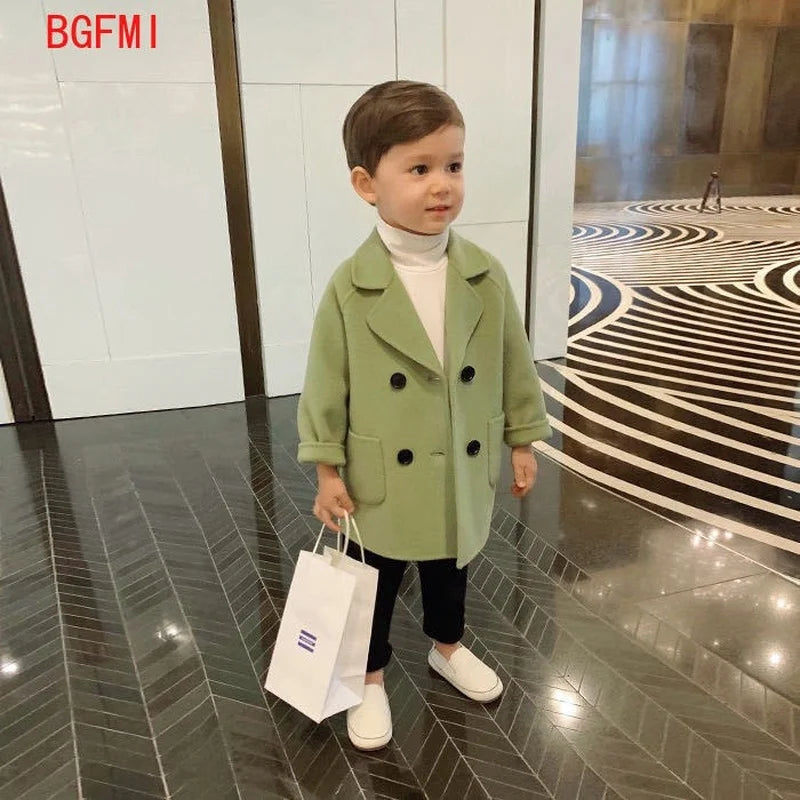 Winter Grid Jackets Boys Girl Woolen Double-breasted Baby Boy Trench Coat Lapel Autumn Kids Outerwear Coats Spring Wool Overcoat