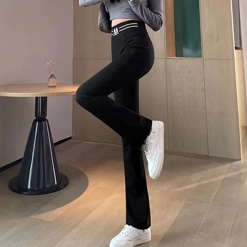 2023 Autumn New All-match Letter Black Elastic Waist Flare Ladies Casual Patchwork Solid Color High Waist Straight Slim Trousers