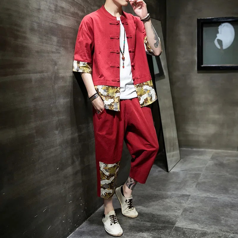 Man Trousers Sets Print Black Shirts Pants Suits for Men Graphic Stylish Original Brands Summer Clothes Casual High Quality Cool