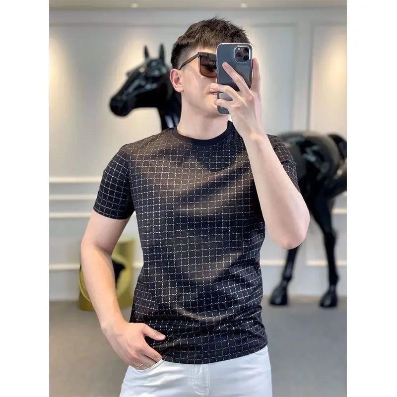 Summer Men Clothing Short Sleeve Plaid T-Shirts Streetwear Fashion Vintage Business Casual Round Neck Black Versatile Slim Tops