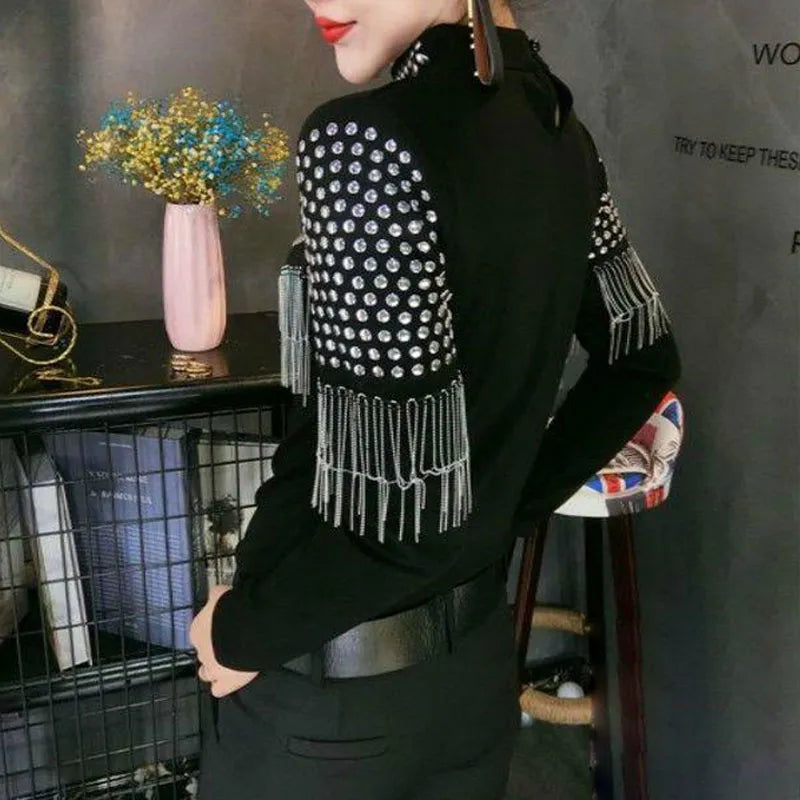 Punk Style Slim Chic Rivet T-shirt Fashion Solid Color Spring Autumn Tassel Women's Clothing Stand Collar Cut Out Pullovers 2022