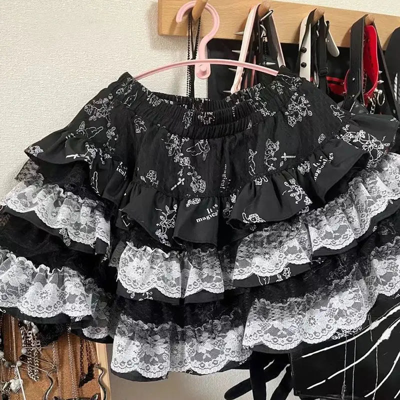 Y2k Dark Gothic Punk Black White Short Skirt Women Hot Chick Y2k Polka Dot Ruffle Cake Skirt Female Cute Chic Lolita Lace Skirts