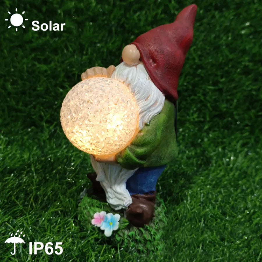 Garden Decoration Solar Light  RESIN Flocked Gnome Statue LED Lamp Outdoor Dwarf Figurine Sculpture Latern for Patio Lawn Yard