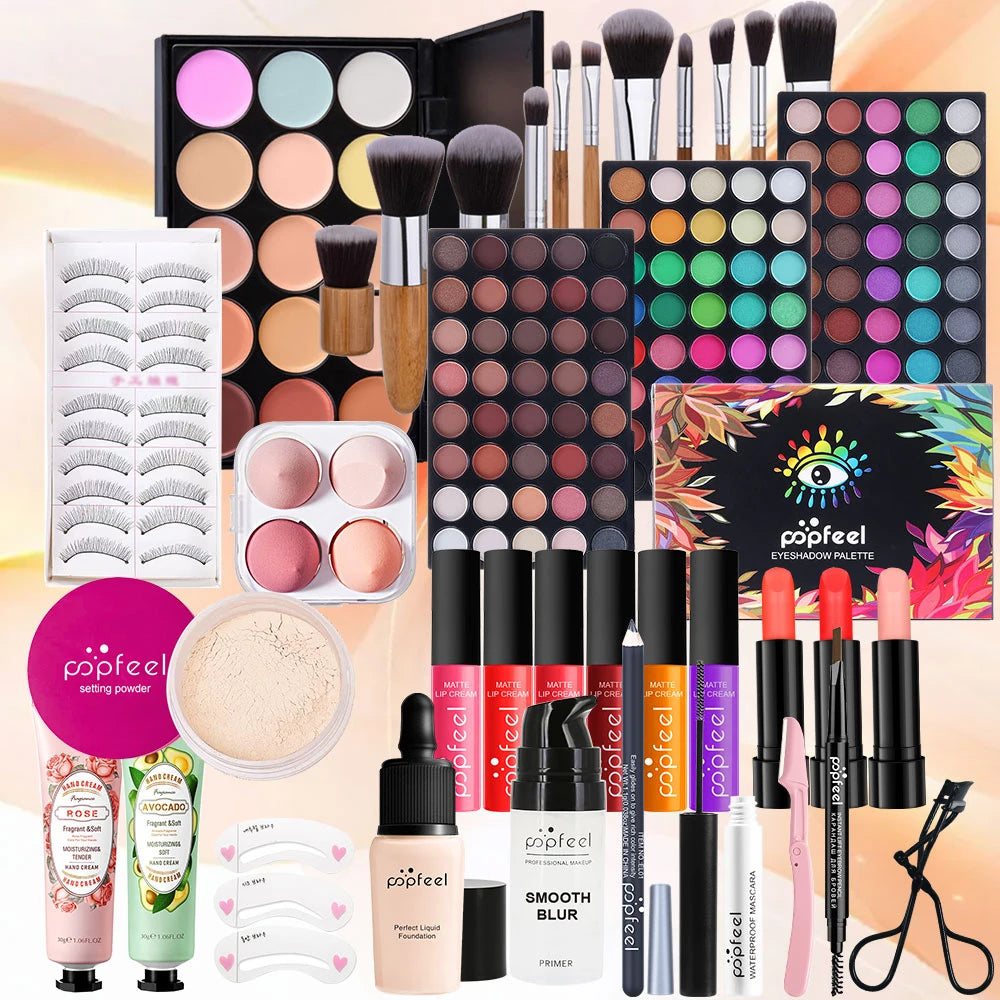 POPFEEL Multifunctional Women’s Makeup Set-Complete Beginner -Friendly Cosmetic Kit with Eyeshadow Palette, Lipstick, Hand Cream