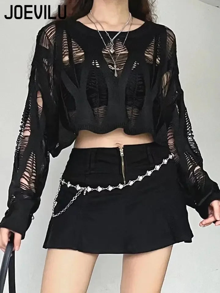 Perforated Hollow Out Knitted Blouse Sunscreen Long Sleeve Top Gothic Dark Black Sexy Thin Sweater Women's Summer Chic Crop Tops