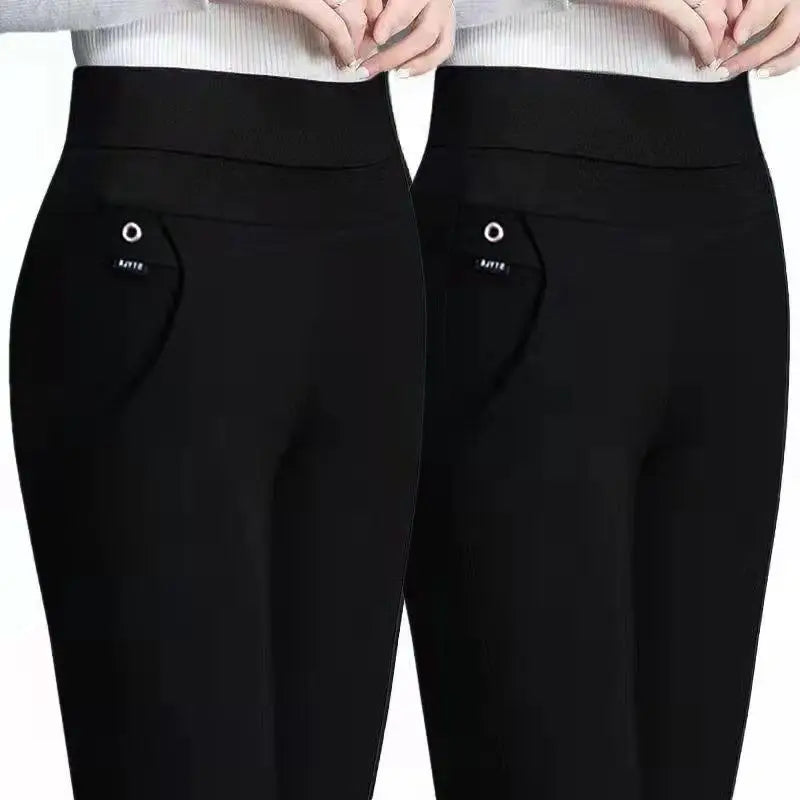 Korean Solid High Waist Elastic Bottoming Pants Spring Summer Casual Pockets Appliques Skinny Straight Trousers Women Trend