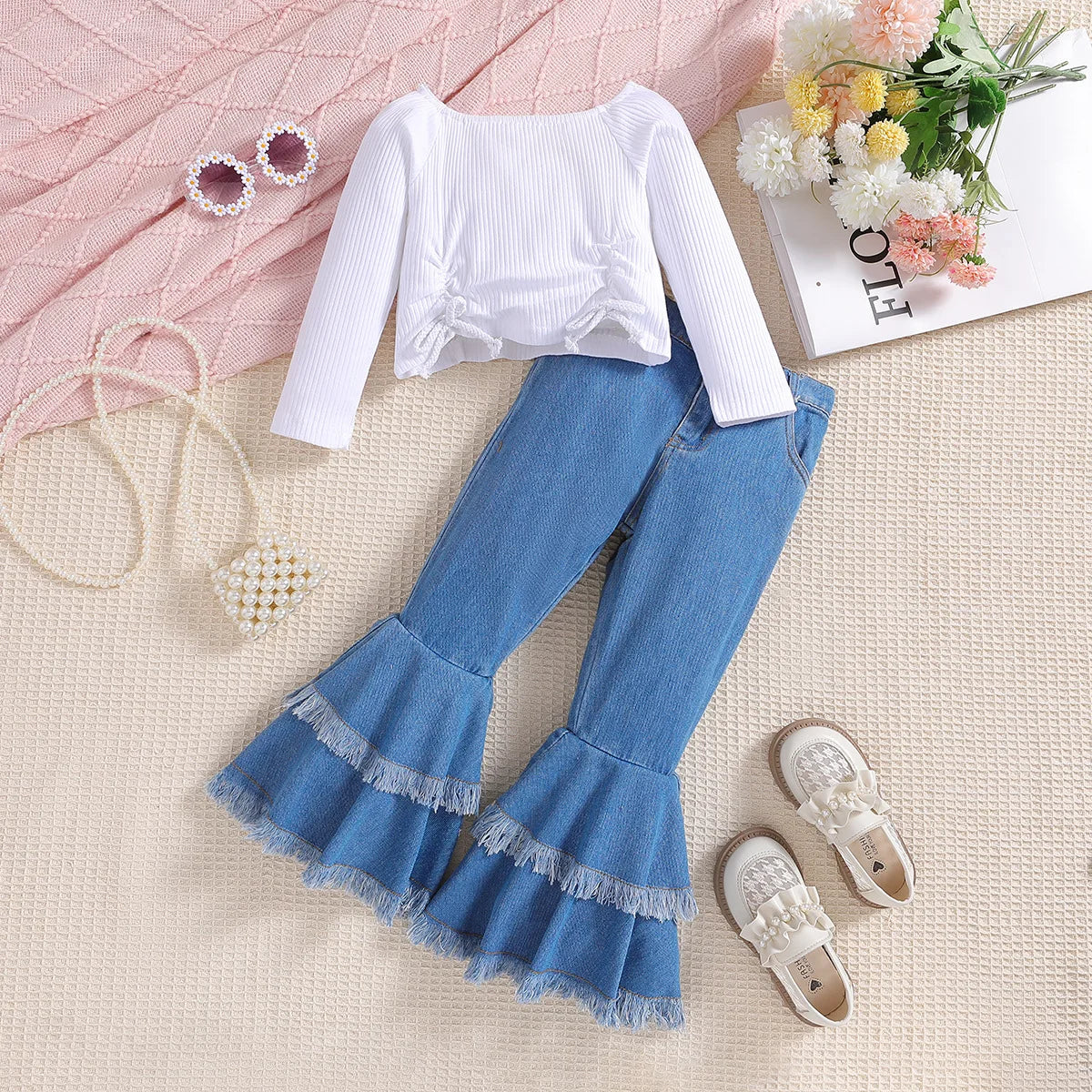 2Piece Spring Luxury Kids Clothing Girl Outfit Set Korean Fashion White Cotton Baby Tops+Flared Jeans Children Clothes BC828