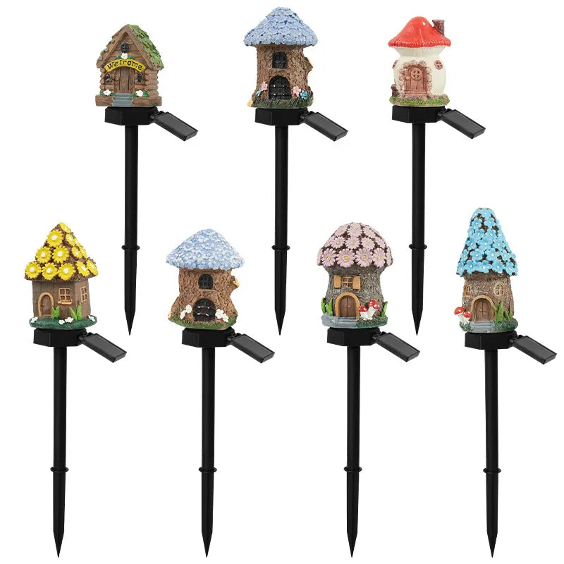 Creative Solar Resin Mushroom House Light Outdoor Waterproof LED Cartoon Ground Plug Light Garden Decoration Lawn Landscape Lamp