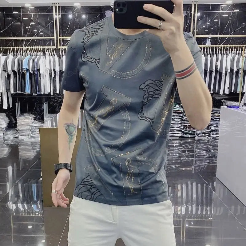 Summer Men Clothing Short Sleeve T-Shirts Streetwear Fashion Letter Thin Trend Vintage Casual Printing Round Neck Grey Slim Tops