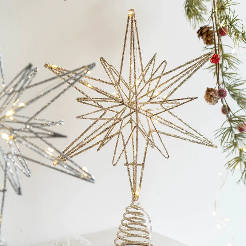 Christmas Star Tree Topper with Warm White Lights Pre-lit Glittered Star Treetop Lighted Xmas Treetop for Home Decorations