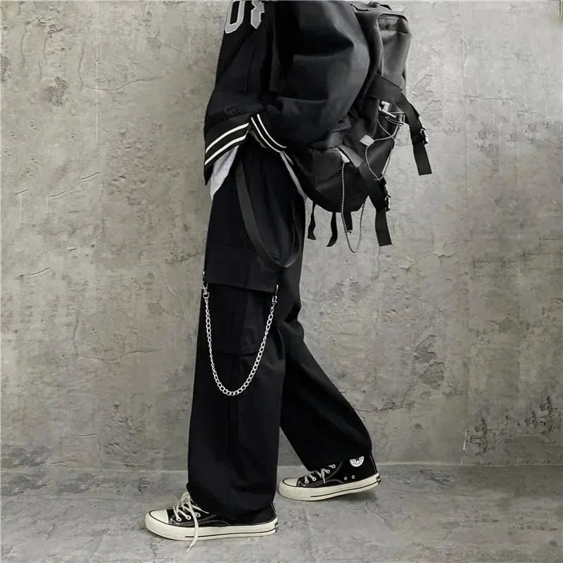 Goth Punk Black Cargo Pants With Chain Streetwear Men Wide Leg Trousers Harajuku Hip Hop Hombre Casual Joggers Pantalon Homme