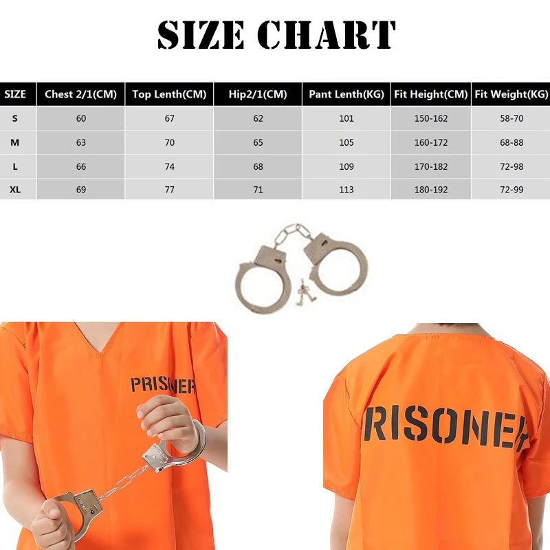 2023 Cosplay Orange Adult Inmate Costume Prisoner Jumpsuit Jailbird Outfit for Halloween Christmas Men Jail Costume Kids