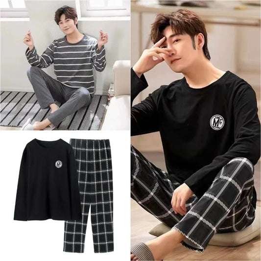 Men's Round Neck Home Wear Long-Sleeved Long Pants Suit Spring and Winter Models of Casual Striped Pajamas Two-Piece Set