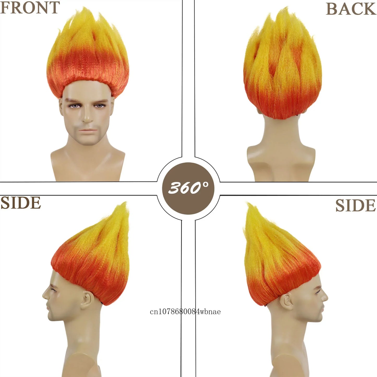 Orange Yellow Flame Synthetic Cosplay Wigs with Necktie Short Anime Fire Anger Wig for Men Halloween Christmas Party Costume