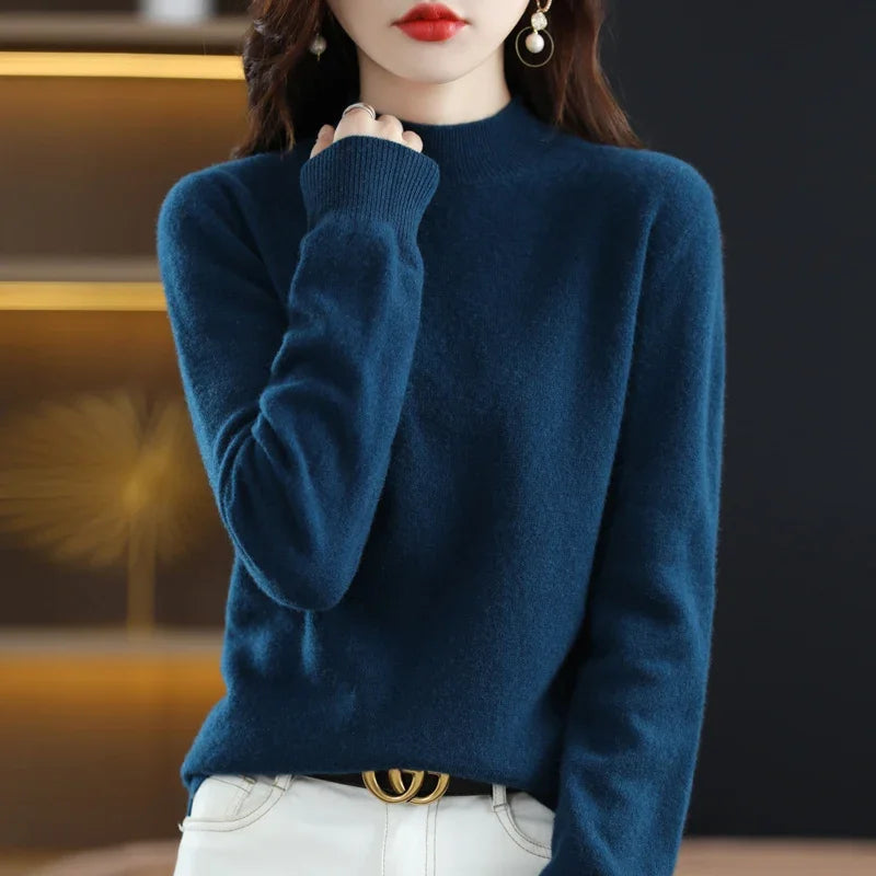 Women Sweater Long Sleeve Mock Neck Warm Winter Basic Knitted Pullovers Solid Loose Knitwear Casual Korean Fashion Jumper 2024