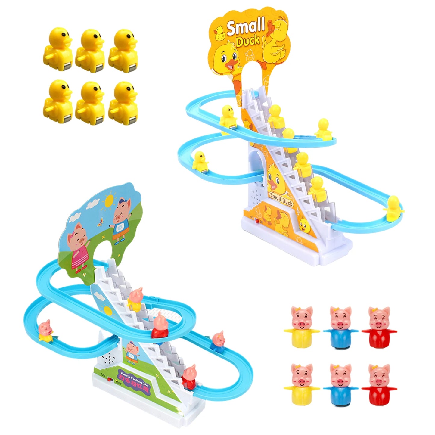 Children Toy Duck DIY Rail Racing Track Small Duck Climbing Stairs Toy Electric Car Staircase Music Educational Toy for Kid 3-5Y